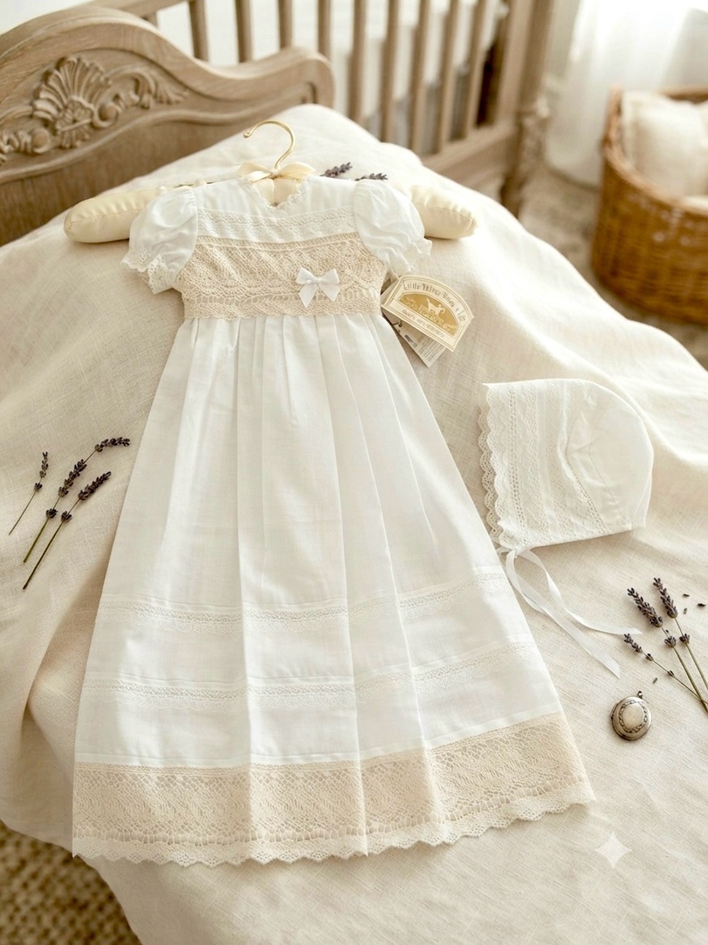 Ivory Lace Trim Baby Dress with Matching Bonnet Christening Gown